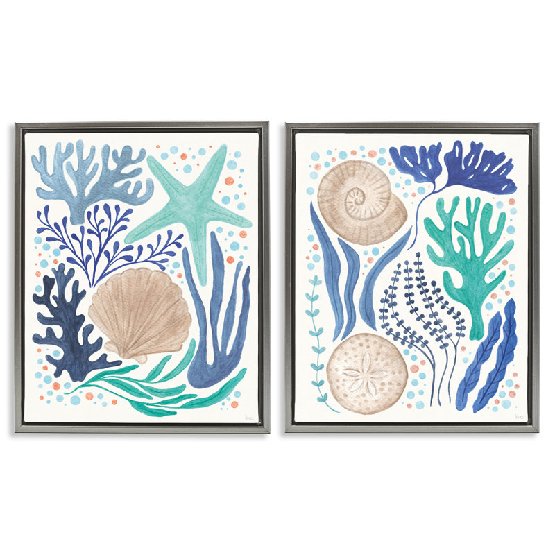  Ensemble de 2 toiles flottantes encadrées "Coastal C Courants" par Véronique Charron, Cadre flottant gris lustré