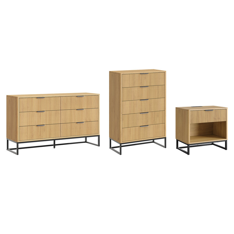 Northfield 3 Piece Bedroom Set,Fluted Design, 3 Pcs: Nightstand, 2 Dressers