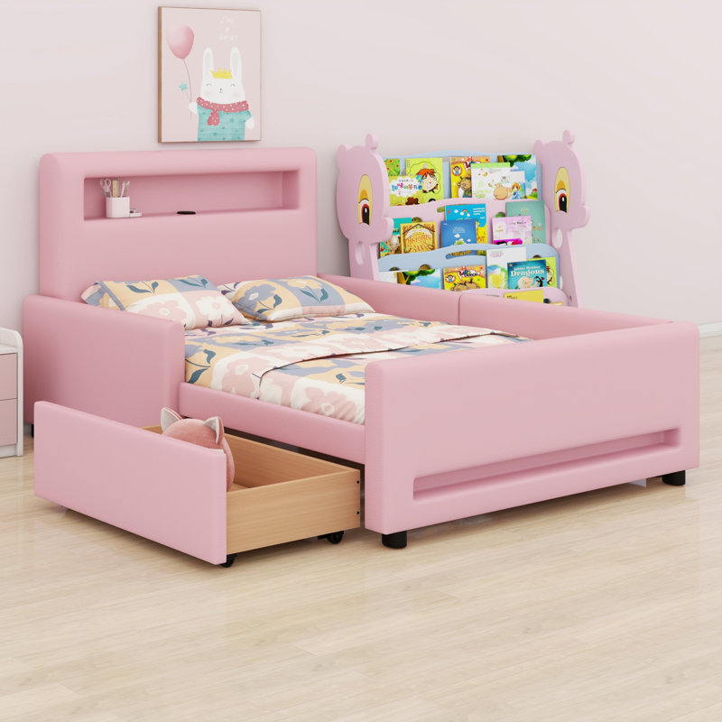 Lit plateforme tapissier à DEL avec ports USB et tiroir de rangement, Rose