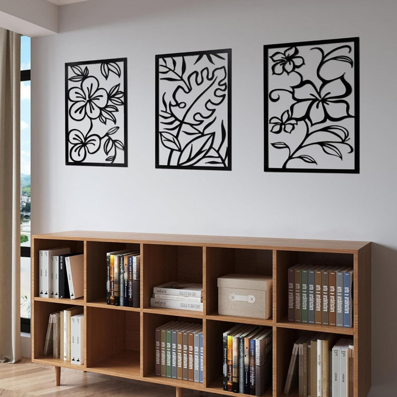 3 Piece Set Wall Decor, Floral Hollow Out Abstract Design, Black Rectangular Metal Frame