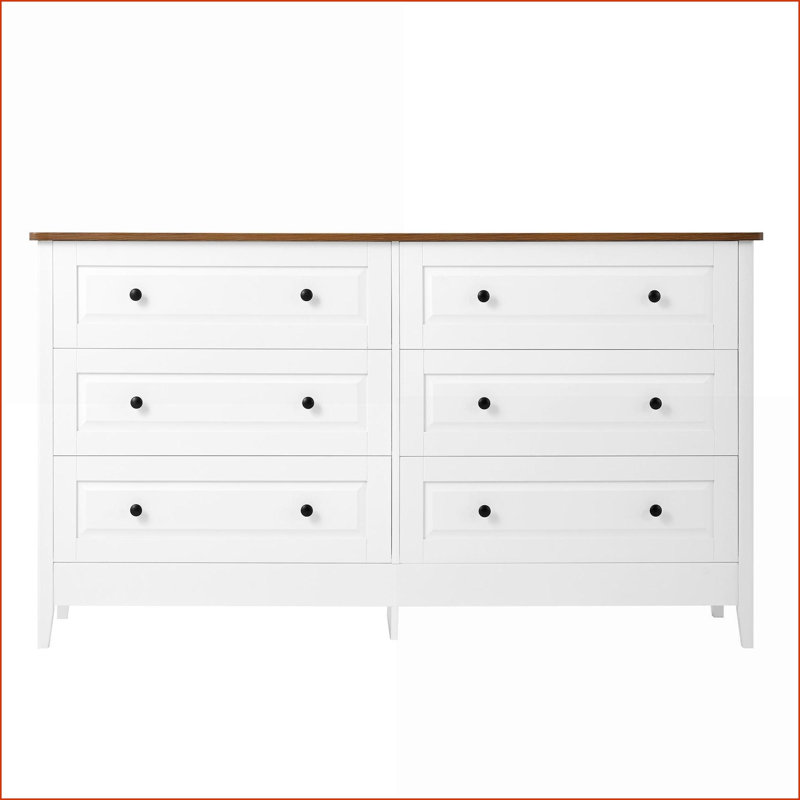 Commodes pour la chambre à coucher, commode blanche à 6 tiroirs avec tiroirs larges Poignées en métal | Blanc + rouge | Panneau de fibres à densité moyenne