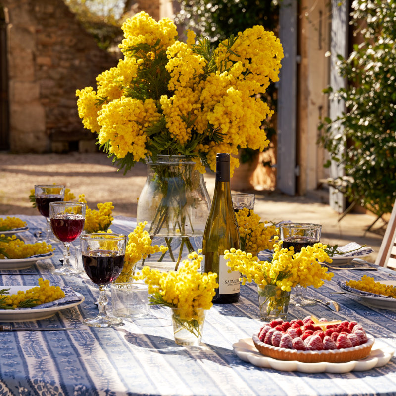 Avignon Handmade Floral Tablecloth, 142" x 71", Blue/Marine