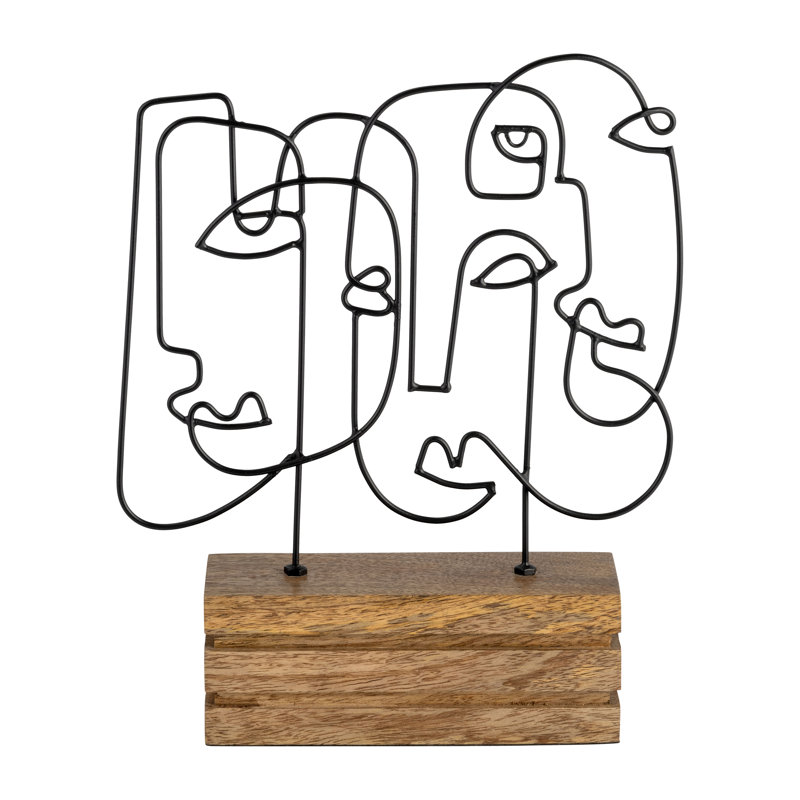 Metal Abstract Faces Table Deco, Black and Brown, Unique Sculpture Crafted with Iron and Wood