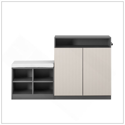 U_Style Livingroom Cabinet With Shoe Bench, 2 Doors And 3-Tier Adjustable Shelves, Entryway Bench With 4 Open Shoe Racks And Removeble Cushion, Storage Console Table With Wavy Slatted Door And Hooks