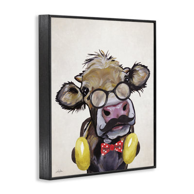 Stupell Industries Hipster Cow & Headphones Giclee Art By Lee Keller In Midnight Black Framed Giclee