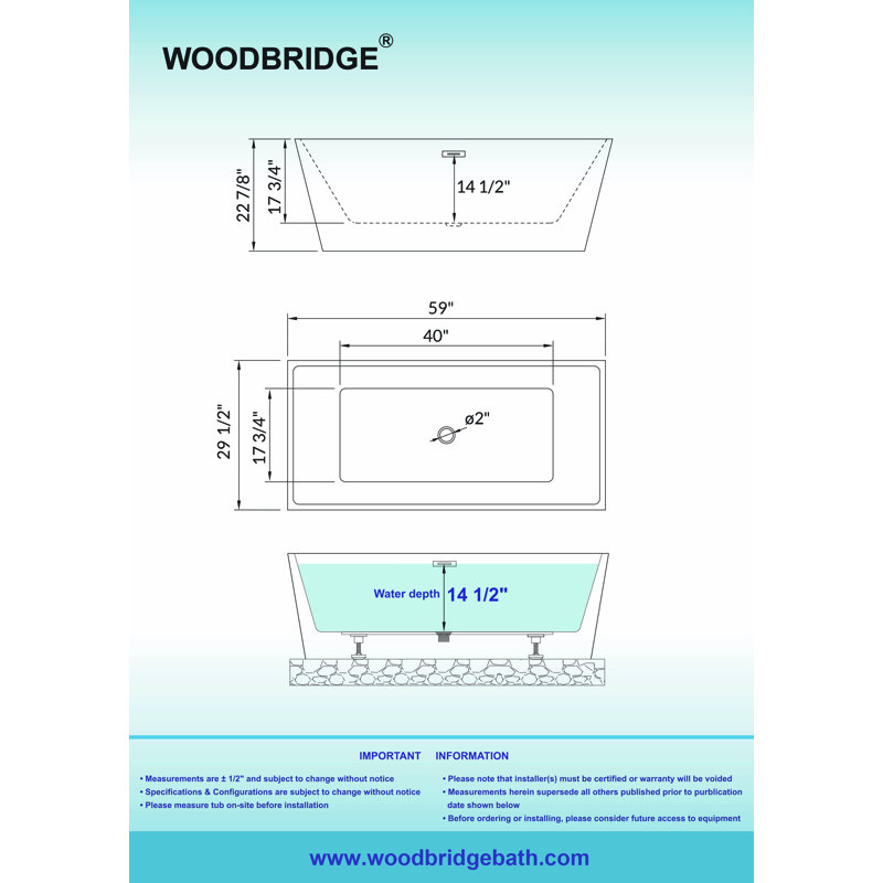 59" x 29.5" Freestanding Soaking Acrylic Rectangular Bathtub, White/Chrome