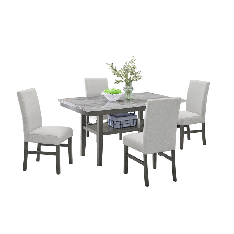 Dunsizer 5-Piece 60" Gray Faux Marble Dining Set – Rectangular Table With 4 Chairs, Seats Up To 6 – Modern Gray Finish