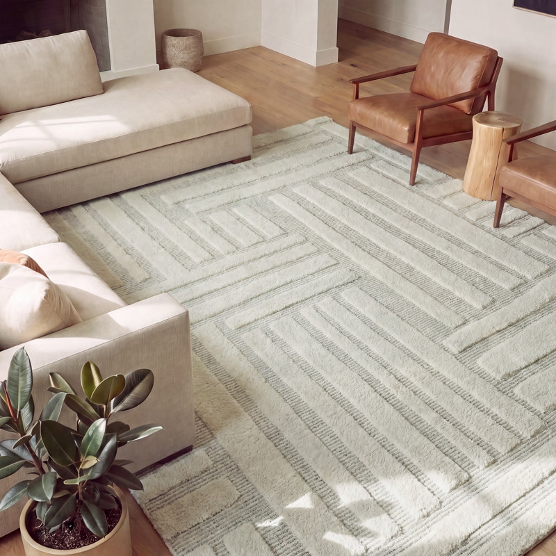 Weston Linear Mosaic Ivory & Gray Handmade Wool Area Rug, 7'9" x 9'9"