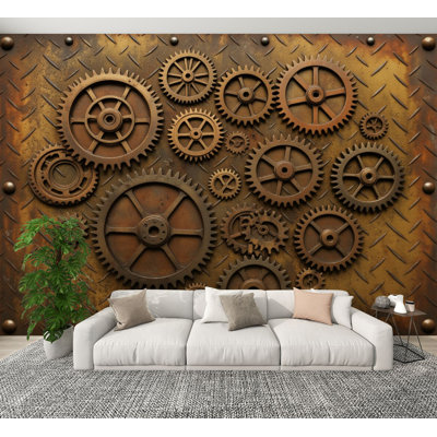Papier peint adhésif industriel pour mur en métal avec mécanisme à engrenages rétro H 100 po x l 144 po