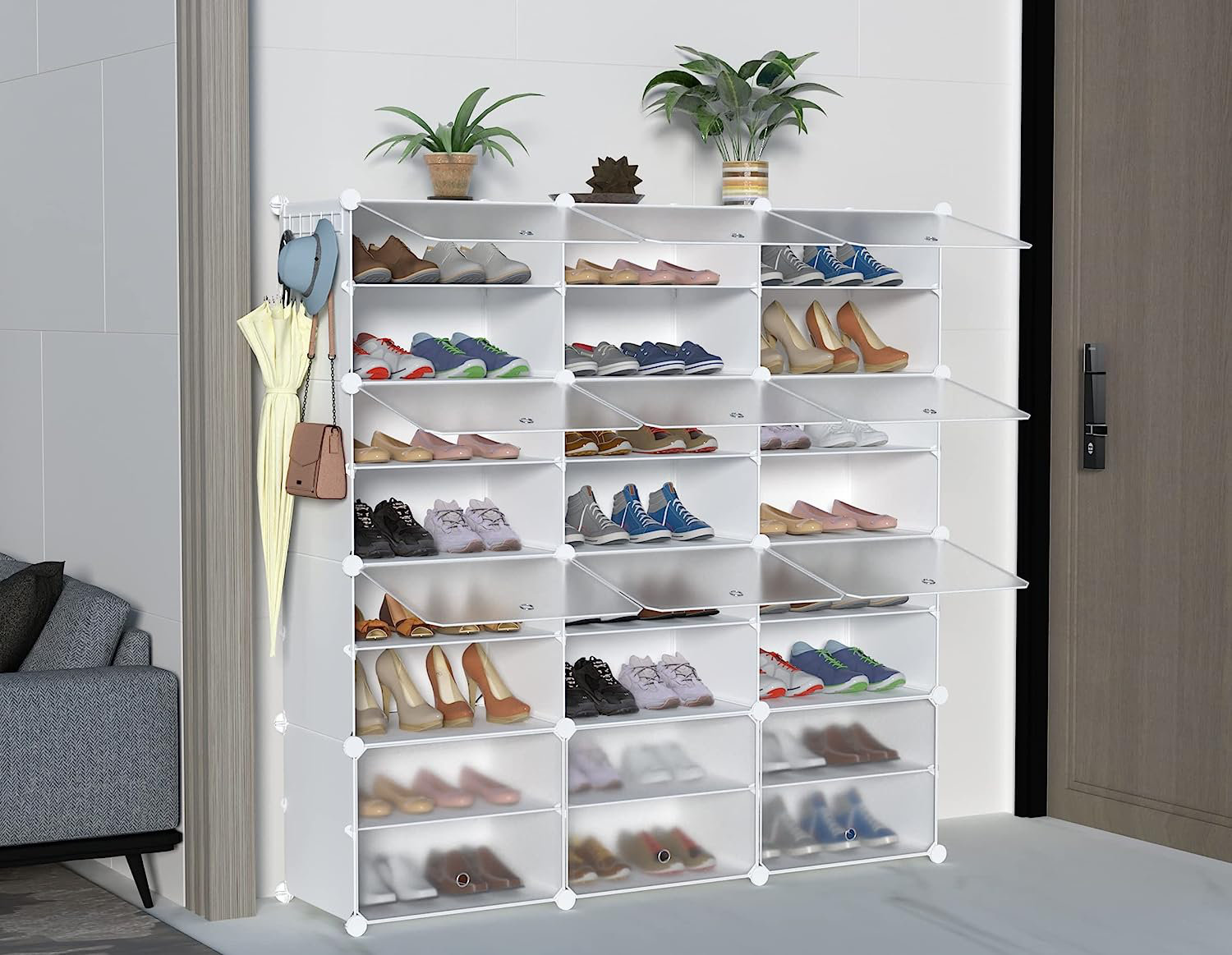 Portable Shoe Rack Organizer,Stackable 72 Pairs DIY Shoe Storage Cabinets  Stand,White Plastic Closet Shoe Organizer With Transparent Cover,Dust-proof