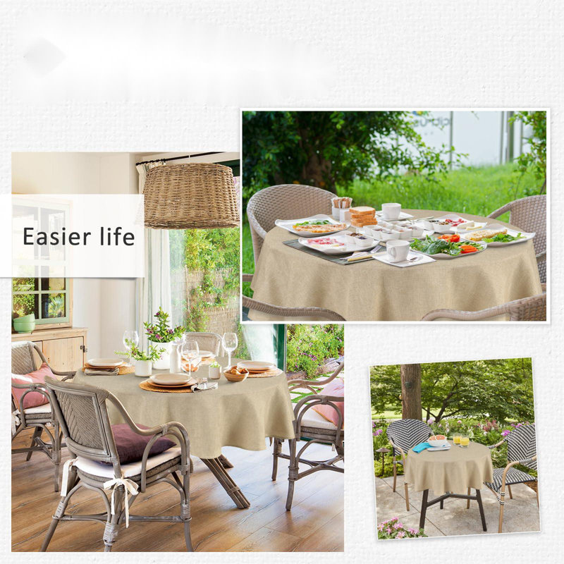 Beige 90 Inch Round Polyester Linen Tablecloth