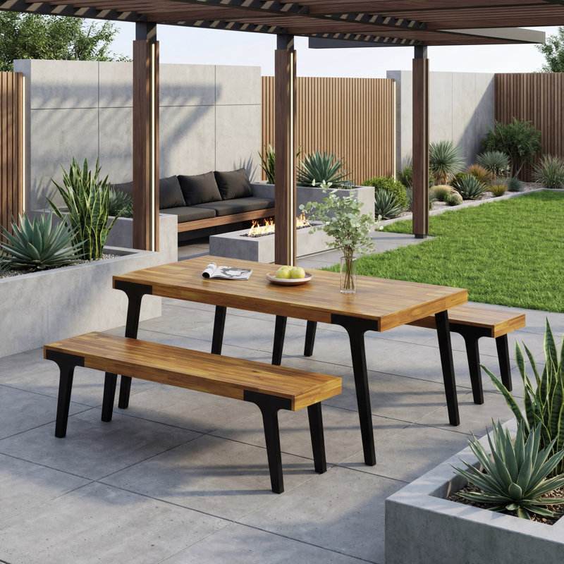 Ensemble de salle à manger d'extérieur moderne en bois d'acacia avec table à lattes et 2 bancs, l 69 po, pour patio et jardin