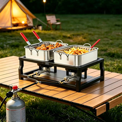 Double Burner Propane Gas Cooker, 100,000BTU Outdoor High-Pressure Burner with 0–10 PSI Regulator for Camping, Frying, Boiling Home Brewing
