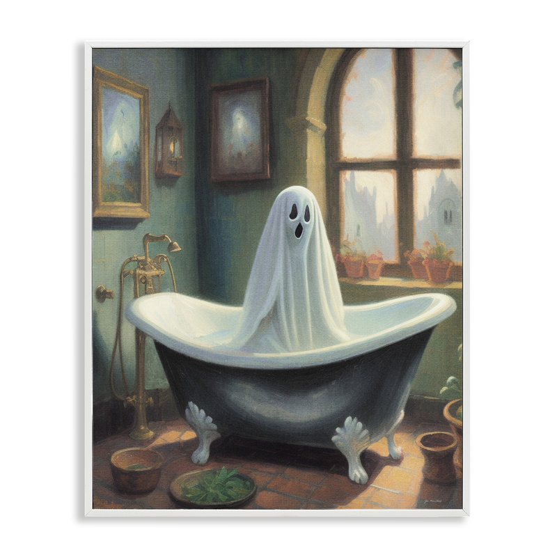 «Ghost Bathing in Tub», estampe numérique de Jo Moulton, H 20 po x l 16 po, Estampe numérique encadrée blanc bord de mer