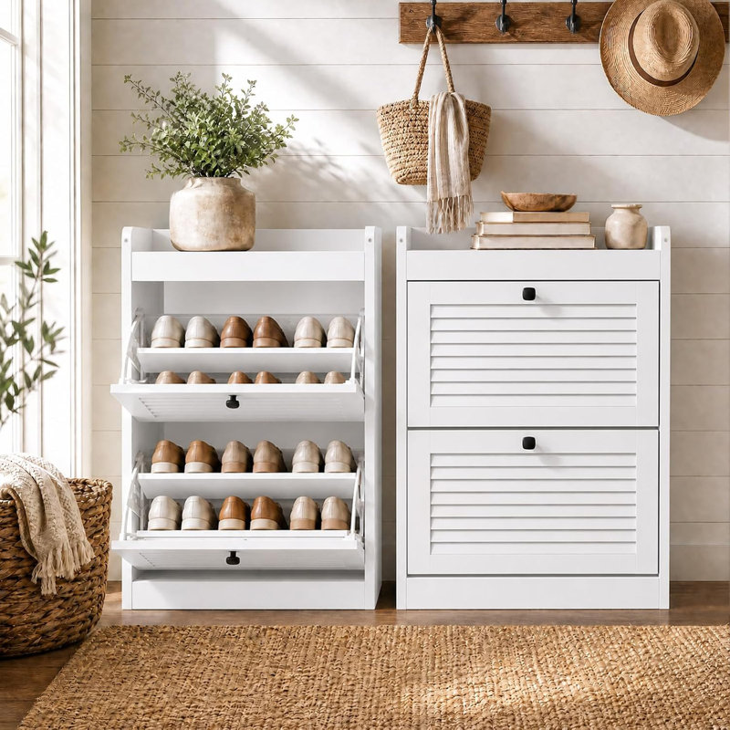 Meuble à chaussures en bois avec 2 tiroirs rabattables, Blanc