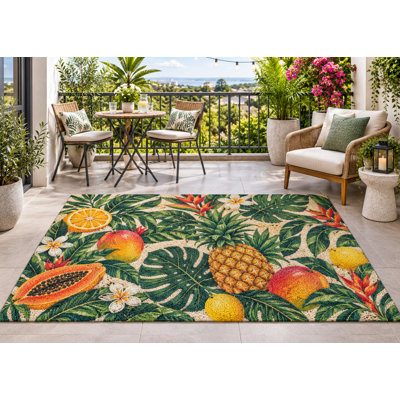 5' x 7' Outdoor Area Rug Tropical Pineapple Fruit Botanical Heavyweight Solid Waterproof PVC Coil Loop Carpet, Heavy Duty Patio Rug, Quick Dry Indoor Outdoor Mat for Porch Deck Balcony Entryway