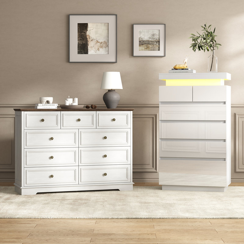 Ensemble de rangement vintage 2 pièces pour chambre à coucher avec commode haute à 6 tiroirs et commode à 9 tiroirs à éclairage DEL