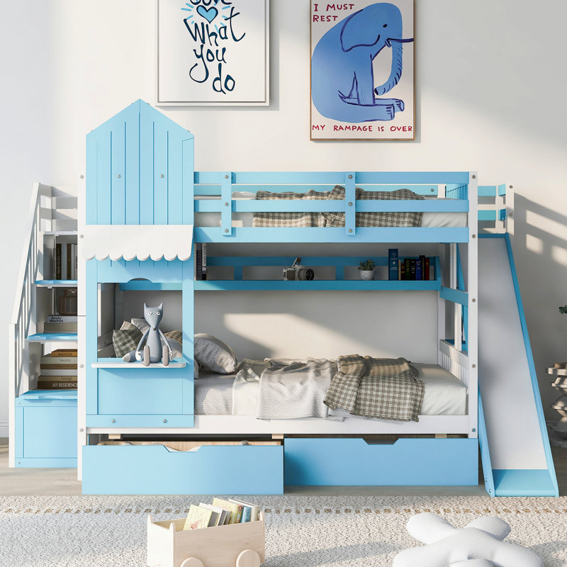Lit superposé de style château double avec 2 tiroirs, 3 tablettes et glissière - bleu, Full, Blue
