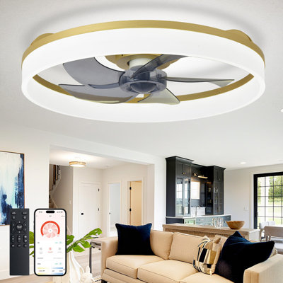 20" Gold Flush Mount Ceiling Fan with Light, Low Profile, App & Remote Control, 6-Speed Quiet DC Motor, Dimmable LED for Bedroom