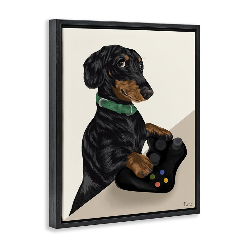 «Gamer Dachshund Dog» par Tara Royle, Cadre flottant noir de jais, H 21 po x l 17 po