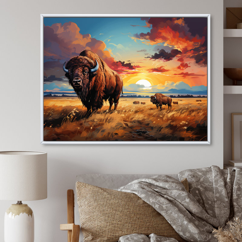 Art amérindien Bison Prairies III - impression, Cadre flottant blanc, H 12 po x l 20 po x P 1 po