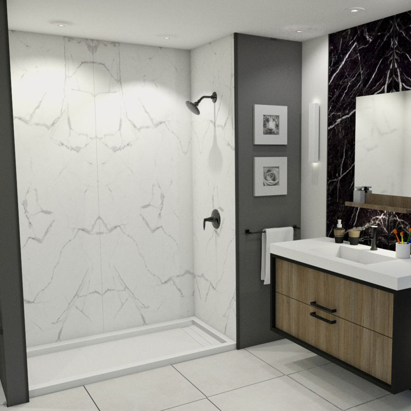 Transolid Titan Shower Wall Kit, White Caruso Glossy, 96" H x 64" W x 48" D