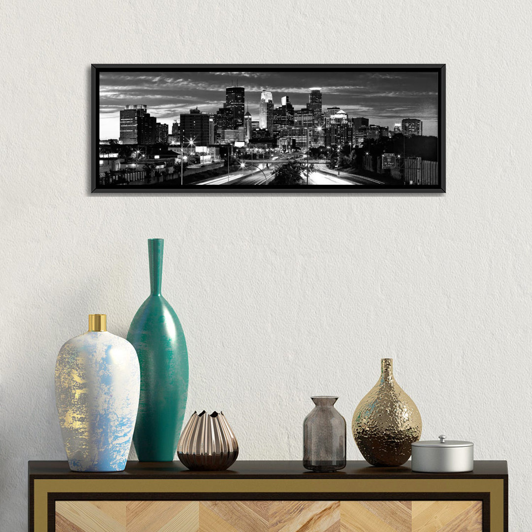 " Minneapolis Panoramic Skyline Cityscape (Black & White - Evening) " by Unknown Artist East Urban Home 
