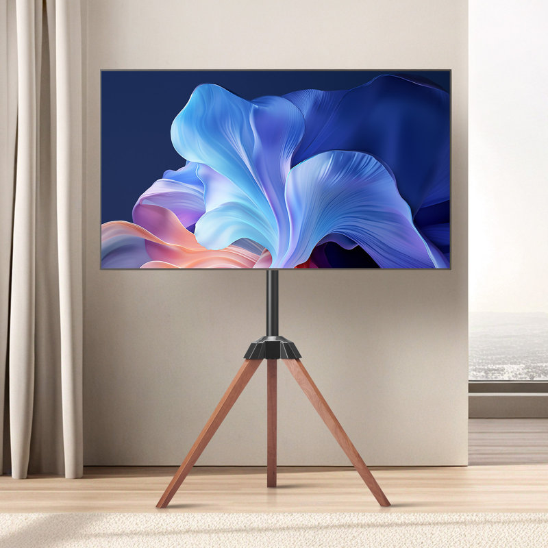 Tripod Easel TV Stand, for 40-65 inch Flat Screen/Curved TVs Up to 99 lbs, 18° Left-Right Rotation Portable TV Stand with Oak Wood Legs, for Bedroom, Living Room, Studio, MAX VESA 600 x 400 mm
