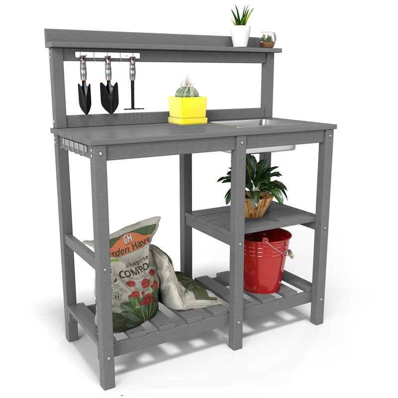 Potting Bench Outdoor Potting Table With Sink, Hdpe Potting Benches For Outside Gardening Table All Weather Use- Grey, Grey
