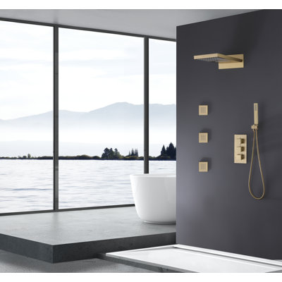 Système de douche thermostatique en laiton massif à 4 fonctions avec 3 jets de corps à haute pression et valve brute