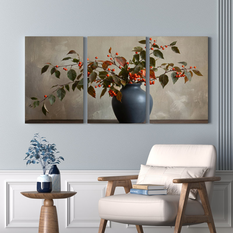 Ensemble de 3 tableaux sur toile tendue représentant des branches de baies et un vase bleu, 2030