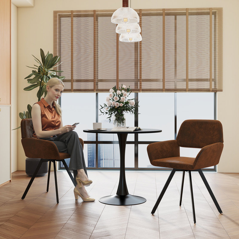3-Piece 31.5" Round Pedestal Dining Set with Upholstered Swivel Armchairs for Small Spaces, Black, Brown
