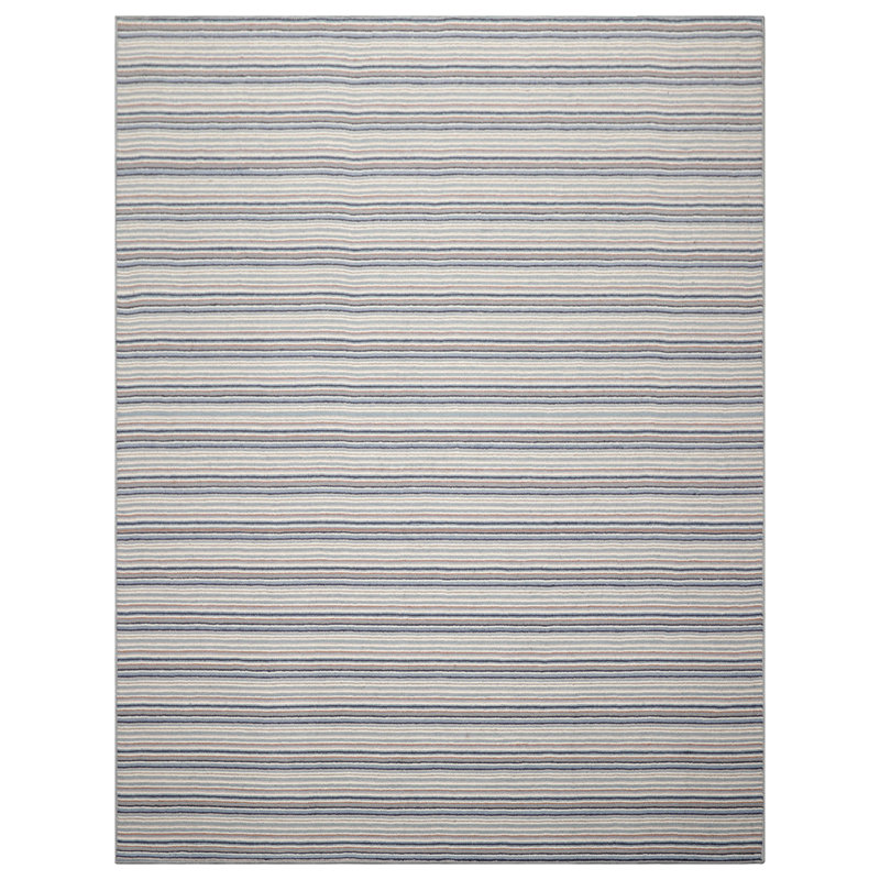 Tapis oriental ivoire touffeté à la main multicolore à rayures contemporaines, Rectangle de 10 pi x 14 pi
