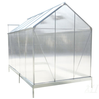 Serre en polycarbonate de 6,3 pi x 10,2 pi x 7 pi, ensemble de serre d'extérieur robuste en aluminium avec gouttière, évent et porte pour jardin, couleur aluminium