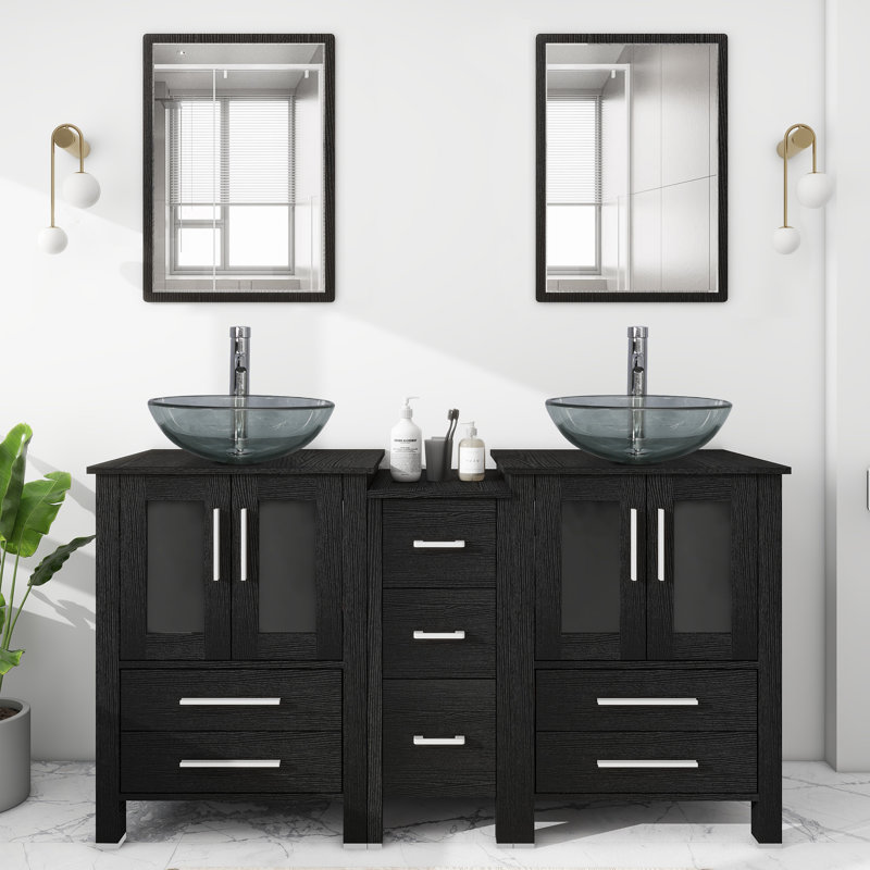 Aidey 72’’ Double Bathroom Vanity Set with Vessel Sink, Manufactured Wood Top, Faucet, Drain, Black, Black