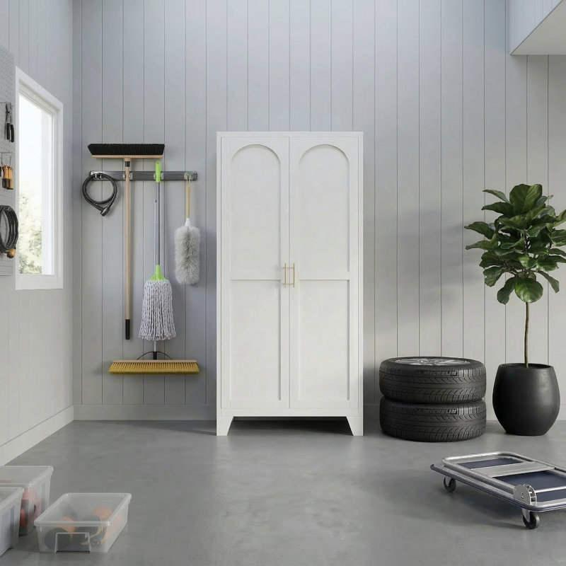 61" Cream Steel Storage Cabinet with Adjustable Shelves, 2 Shapely Doors for Garage, Laundry, Dining Room, Cream 