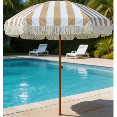 7 FT Fringe Patio Umbrella, UPF50+, Premium Steel Ribs, Push‑Button Tilt, Beige Striped (Base Not Included)