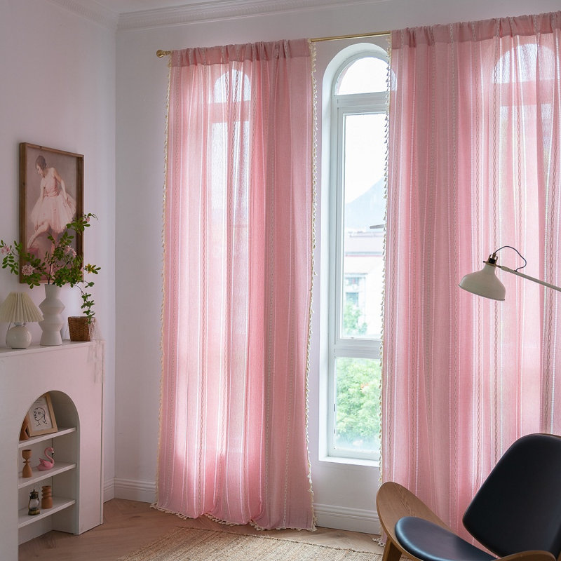 Ramonte Cotton Blend Semi Sheer Curtain Pair, Pink, 52" W x 63" L