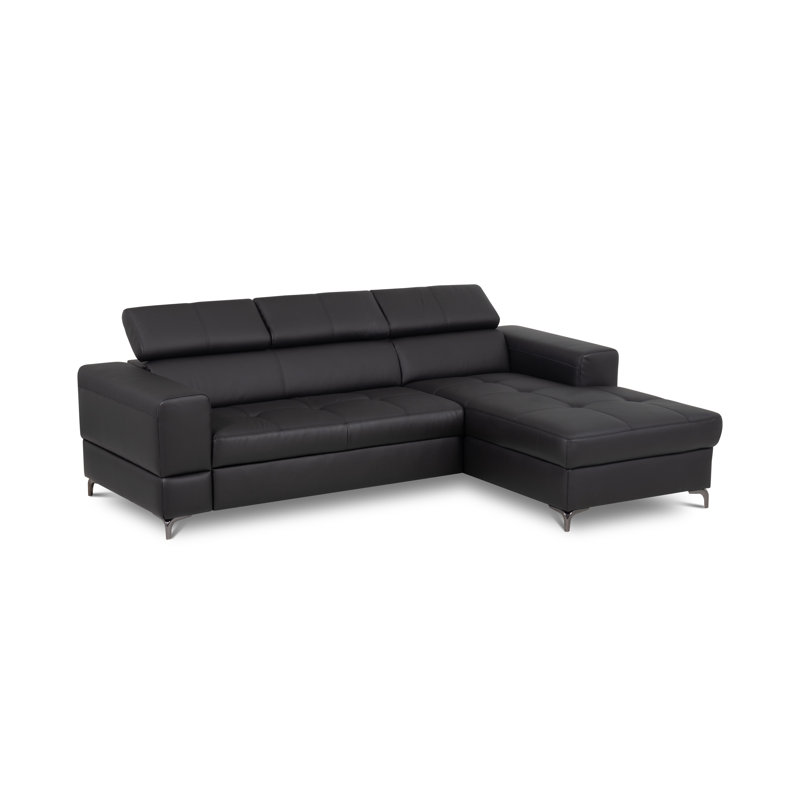 Tinos Genuine Leather Corner Sofa with Pull Out Bed with Storage and Adjustable Headrests, Right Hand Facing, Black