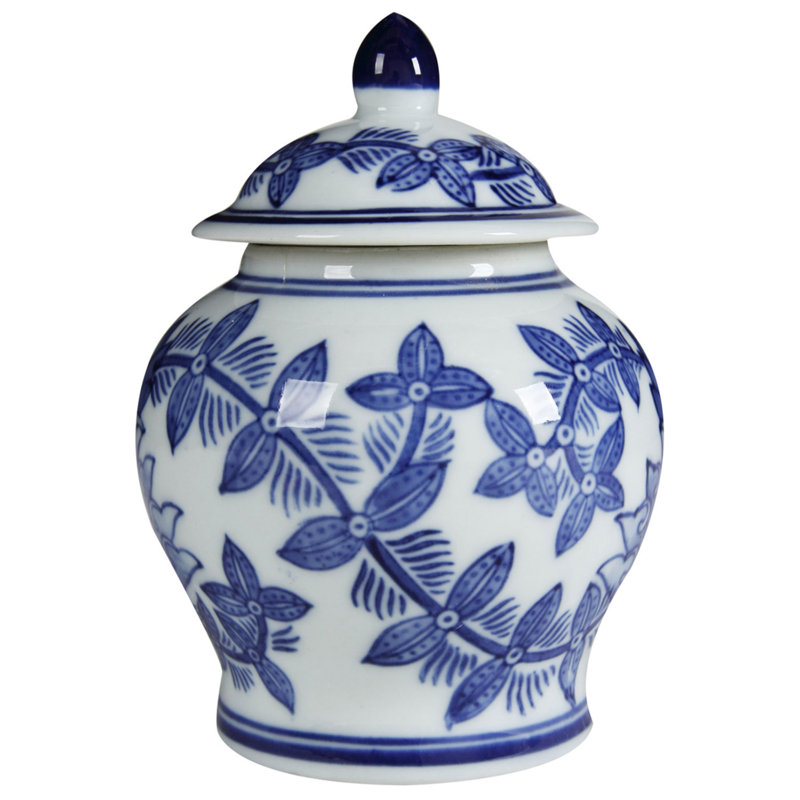 5” Porcelain Ginger Jar with Blue and White Floral Design, Traditional Lidded Jar for Tabletop, Mantel, Storage, or Centerpiece Display