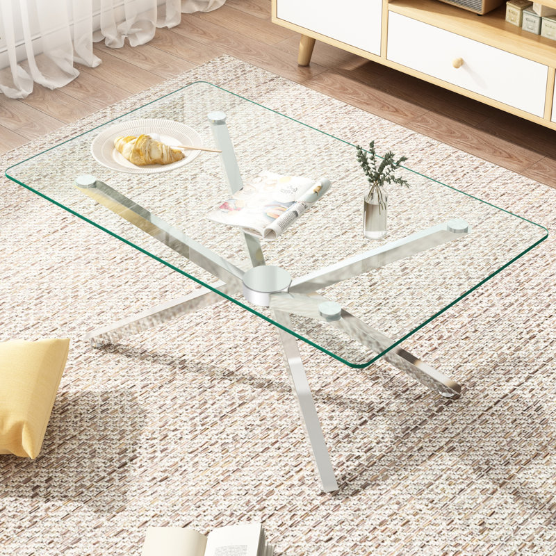 Table basse rectangulaire en verre trempé transparent de 40,49 po avec pieds en métal argenté, utilisation durable, assemblage facile pour tous, table rectangulaire, verre, option de rangement grande capacité, esthétique moderne