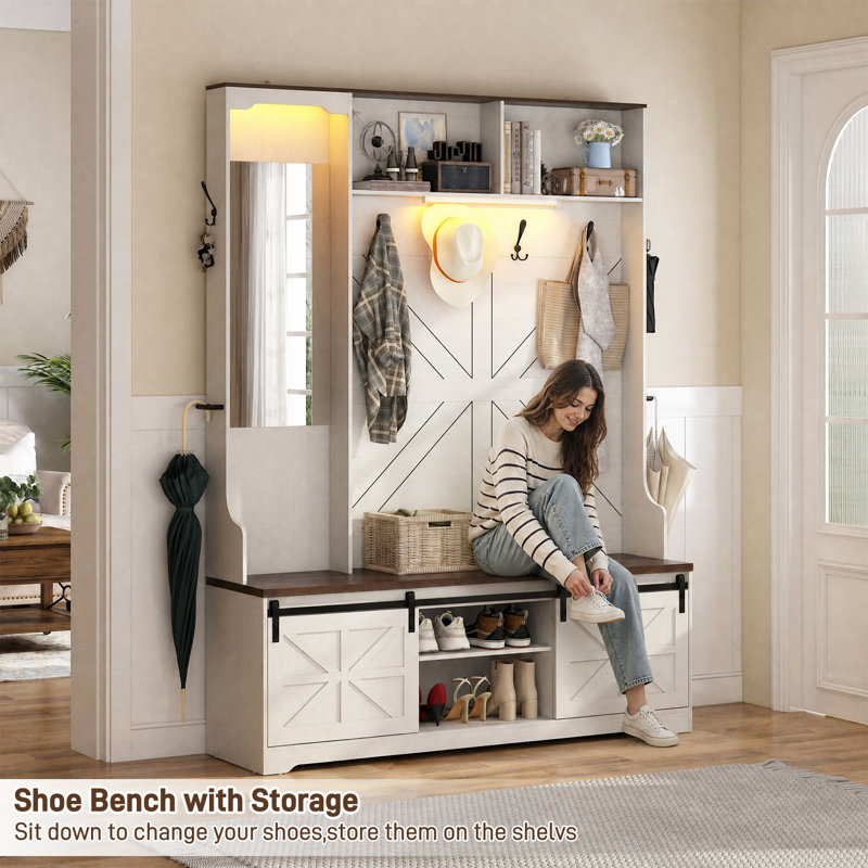 Grand porte-manteau de 190 cm avec miroir pour vestibule, Blanc
