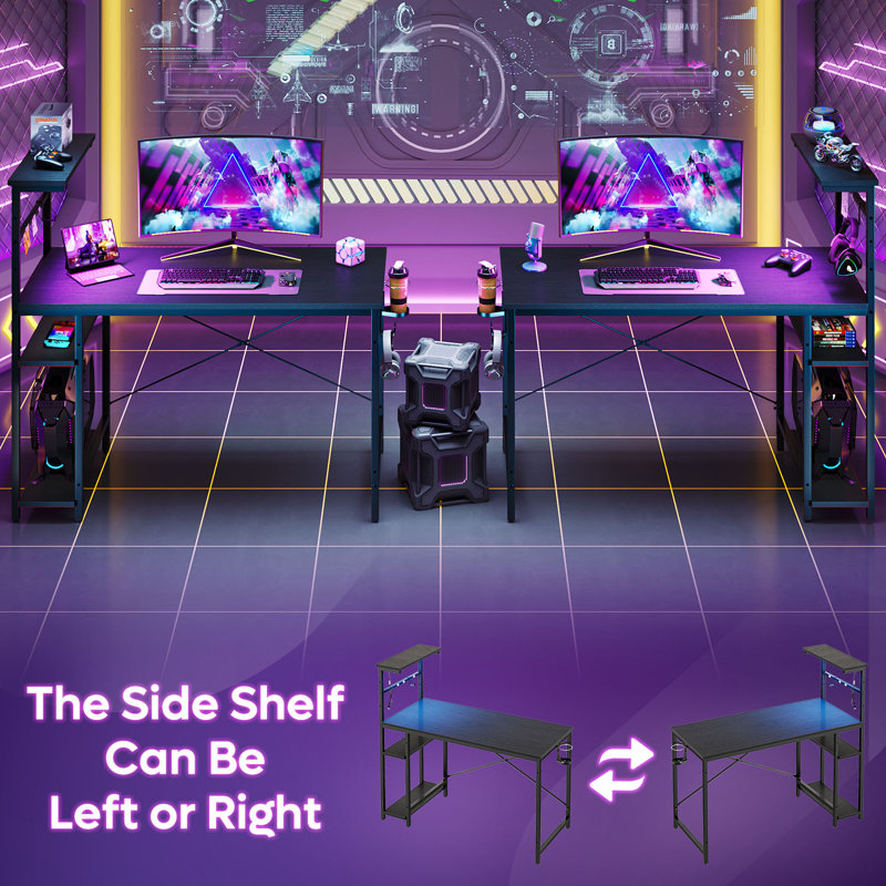 Nedyo Gaming Desk with RGB LED Light, Computer Desk with 4 Tier Reversible Storage Shelves, Hooks, Cup holder and Magnets