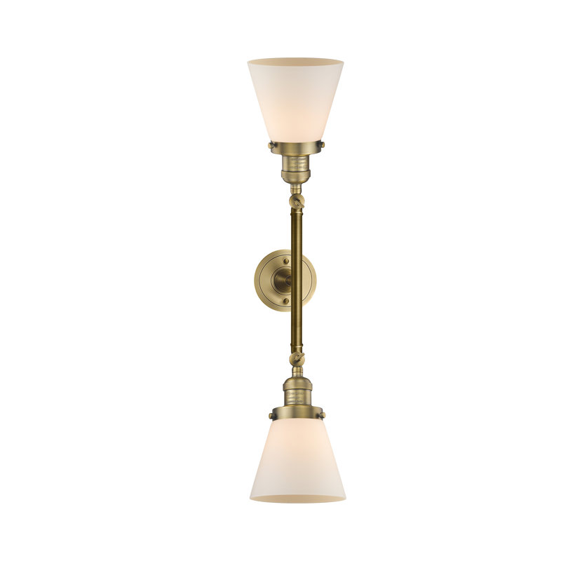 Éclairage de meuble-lavabo inclinable 2 lumières Cone, Boîtier blanc mat, Ampoule à DEL rétro de 6 watts, Laiton brossé