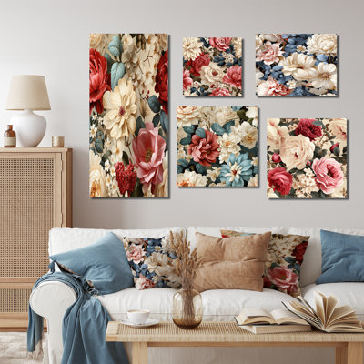 Beige Vintage Charm Floral Pattern - Floral Wall Art Prints Set Of 5