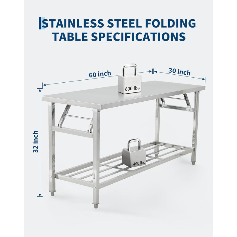 Table de préparation pliante en acier inoxydable avec tablette inférieure, capacité de 700 lb, pieds antidérapants réglables en hauteur pour la maison et la cuisine commerciale, 60 x 30 po