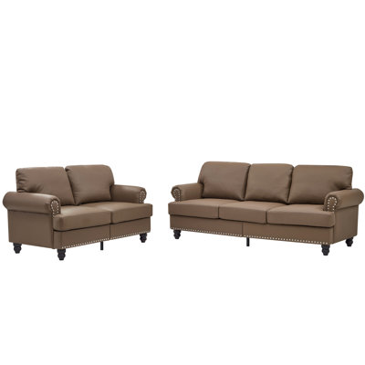 Revêtement en cuir de vache brun moderne avec accoudoirs ronds de style américain classique 2 places + 5 places, fabrication en bois massif, coussins à ressorts confortables, housses amovibles, rangement