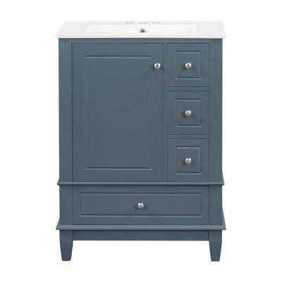 24" Bathroom Vanity with Sink and Drawers, Freestanding Vanity Cabinet with Ceramic Top and Storage Shelves, MDF and Solid Wood Base, Modern Sink Cabinet for Small Bathrooms