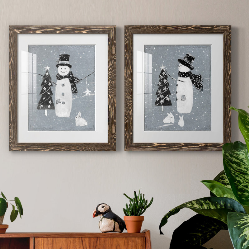 «Snowman Galvanized I», ensemble de 2 reproductions, H 20 po x l 17 po x P 1 po, Blanc, Papier, cadre noyer