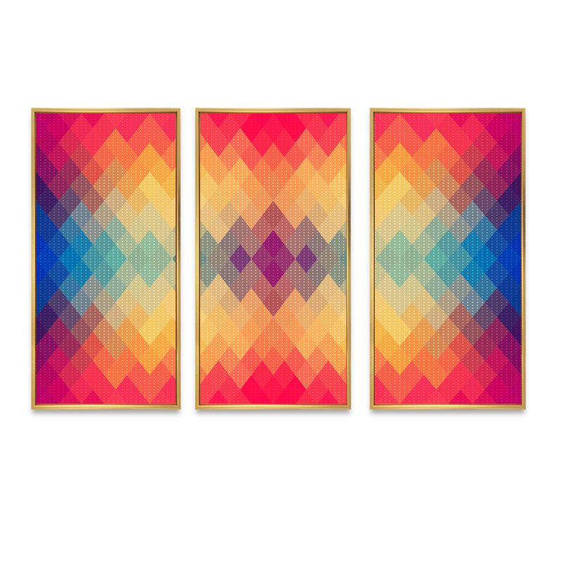 Motif géométrique coloré - ensemble de 3 impressions sur toile flottante, H 20 po x l 36 po x P 1 po, Cadre doré